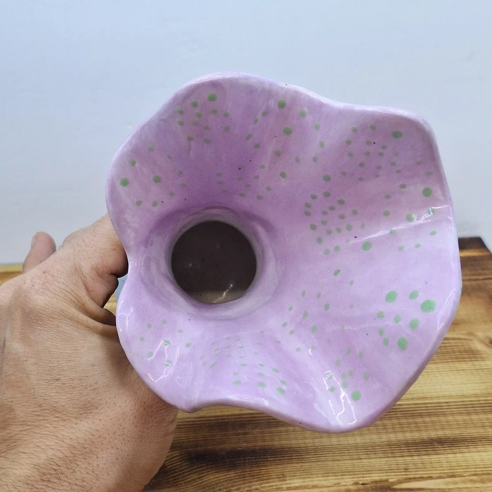 Art Ceramic Swung Vase‎ Artist Initials Speckled Grey  Pink Inside 8